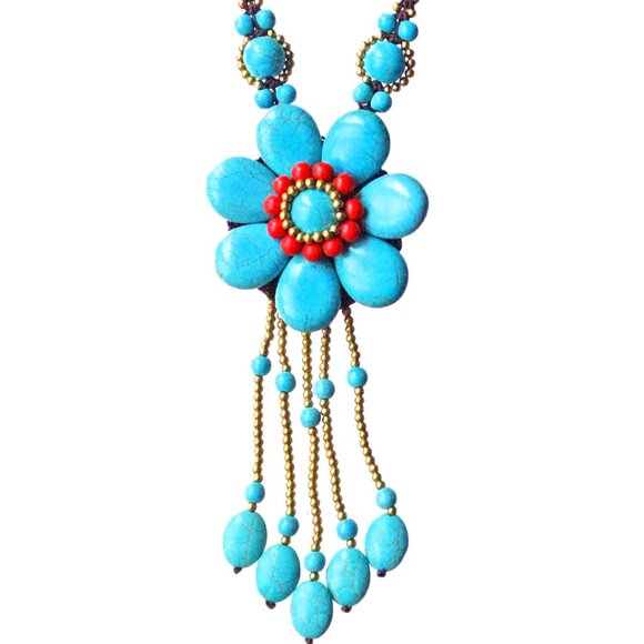 Large turquoise stone beaded flower necklace with a stone tassel fabric cord - Picture 4 of 6